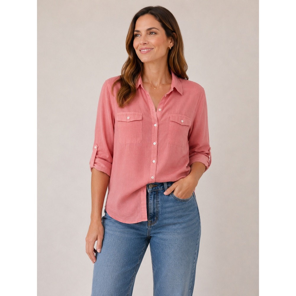 Horny Toad Airbrush Button Front Shirt Womens Medium Pink Organic Cotton Hiking